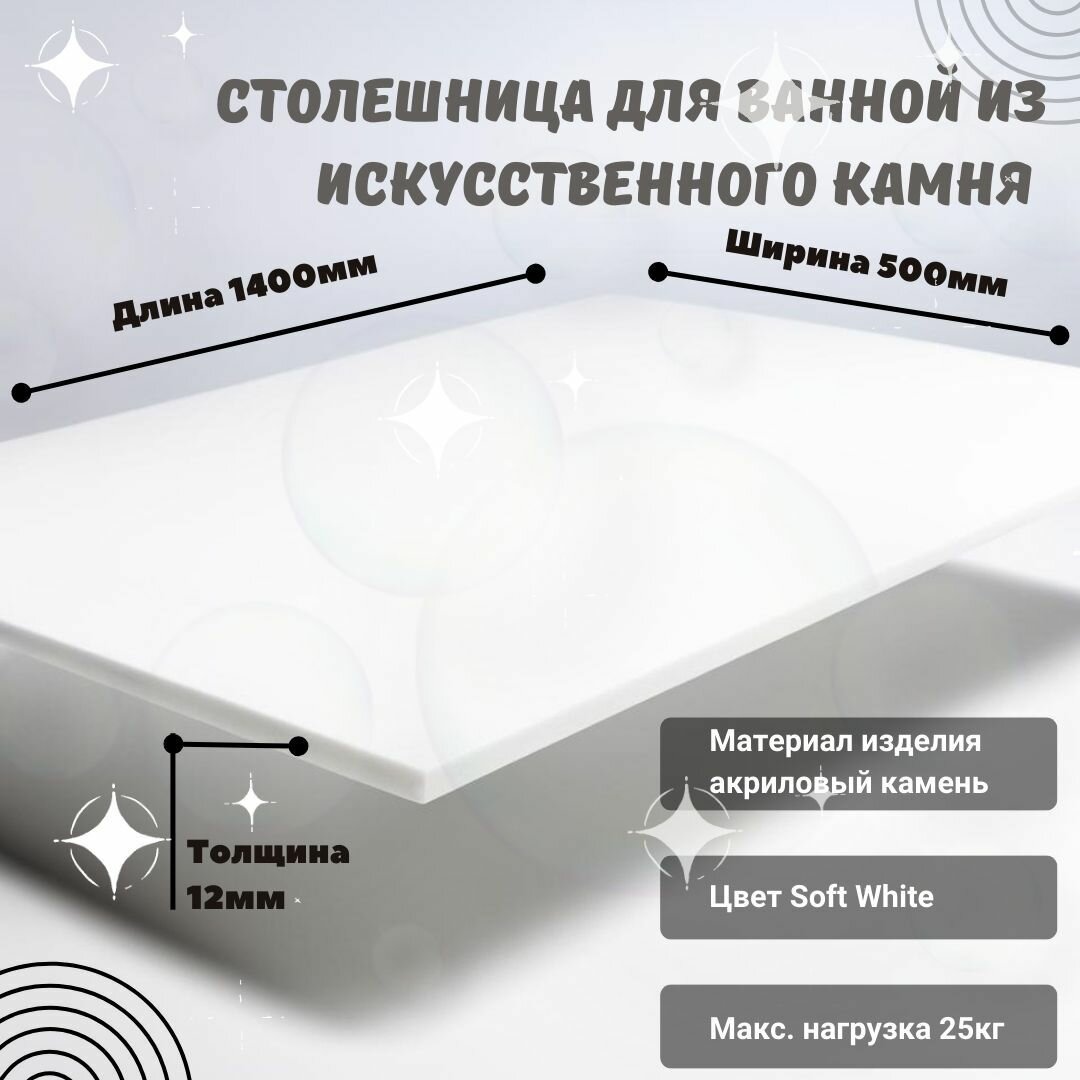 фото Столешница для ванной из искусственного камня 50см х 50см, белый цвет, матовая поверхность