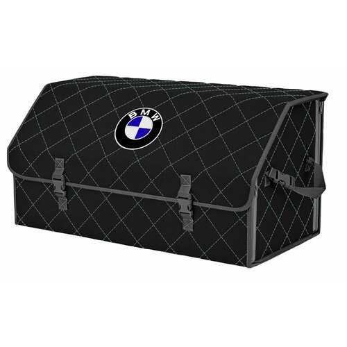 Органайзер-саквояж в багажник "Союз" (размер XL Plus). Цвет: черный с серой прострочкой Ромб и вышивкой BMW (БМВ).