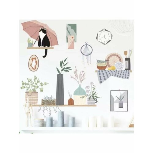 Наклейка пластик интерьерная цветная Кошка на полочке под 593₽