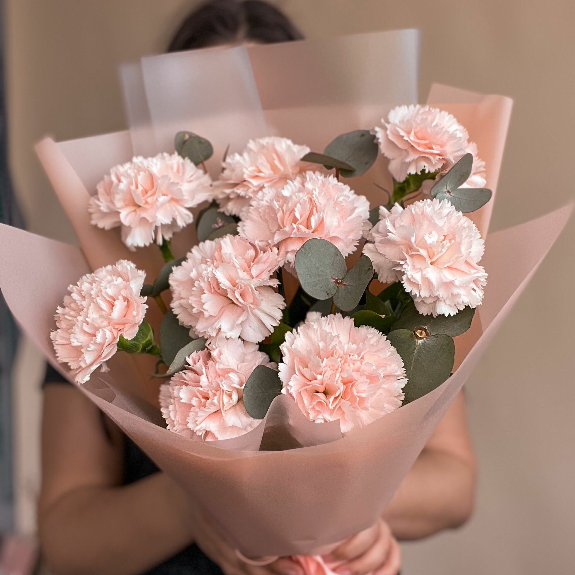 Букет из живых цветов кремовые гвоздики (диантусы) 9 штук в упаковке — фото 1