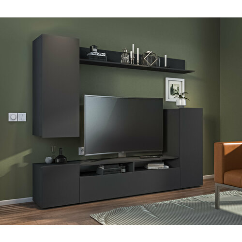 Стенка столплит Медея СБ-3389 с тумбой под ТВ с пеналами с полкой кдспЛДСП Диамант серый 213х200х33 см 19000₽