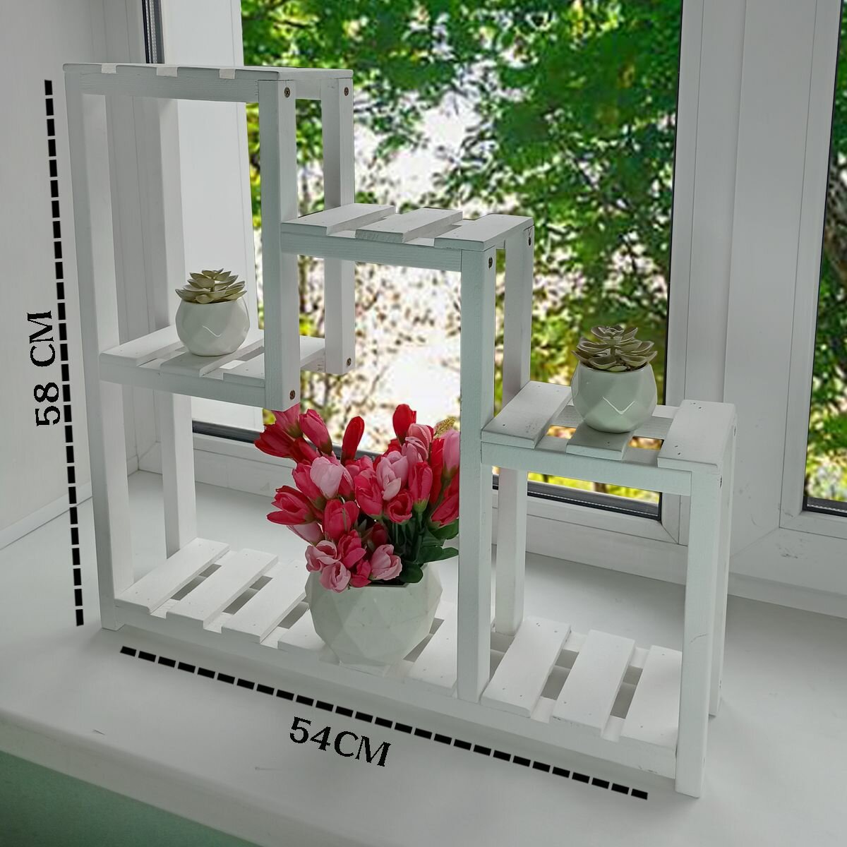 фото Полка для цветов на стол, на окно Лидер 55х54х13 см, белый Правильная упаковка