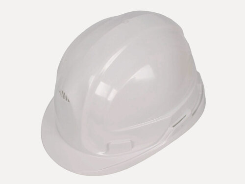 Изображение товара Каска защитная белая, ударопрочный пластик, размер 52-62, с козырьком