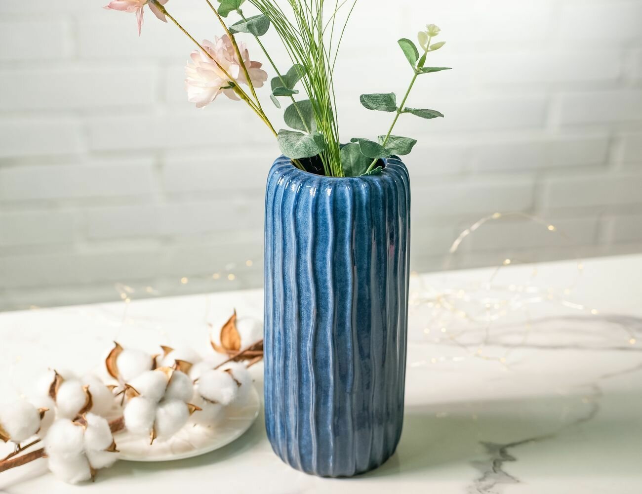 Керамическая ваза, цилиндрическая, тёмно-голубая, 24 см