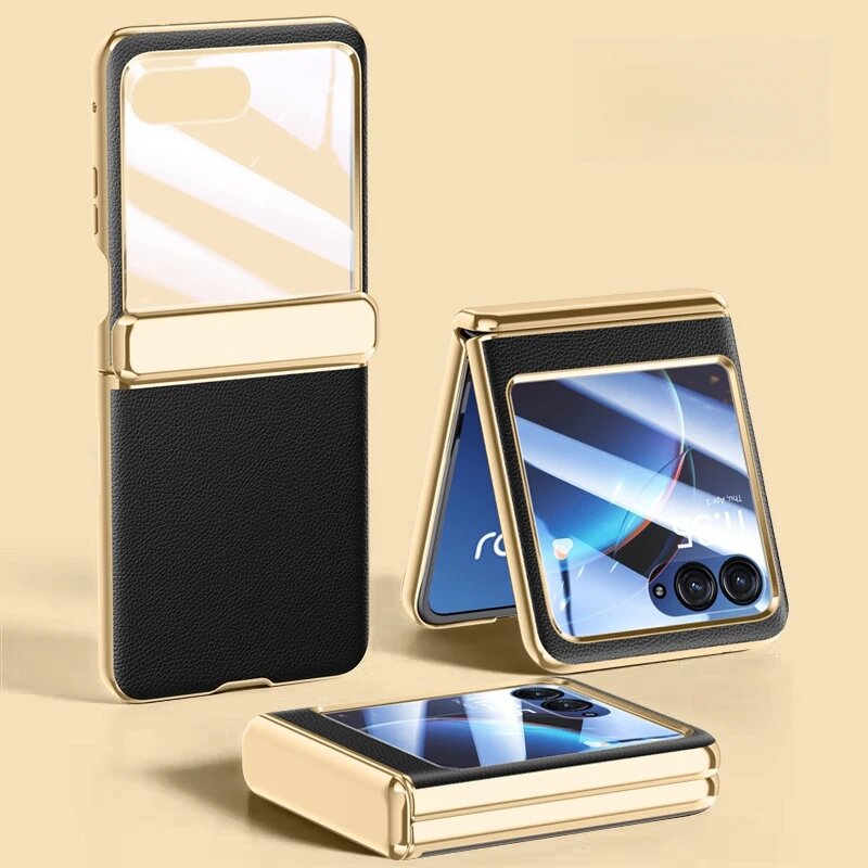 Кожаный чехол для телефона с гальваническим покрытием для Motorola MOTO Razr 60 50 40 Ultra Pro, противоударный чехол с закаленной пленкой и шарниром
