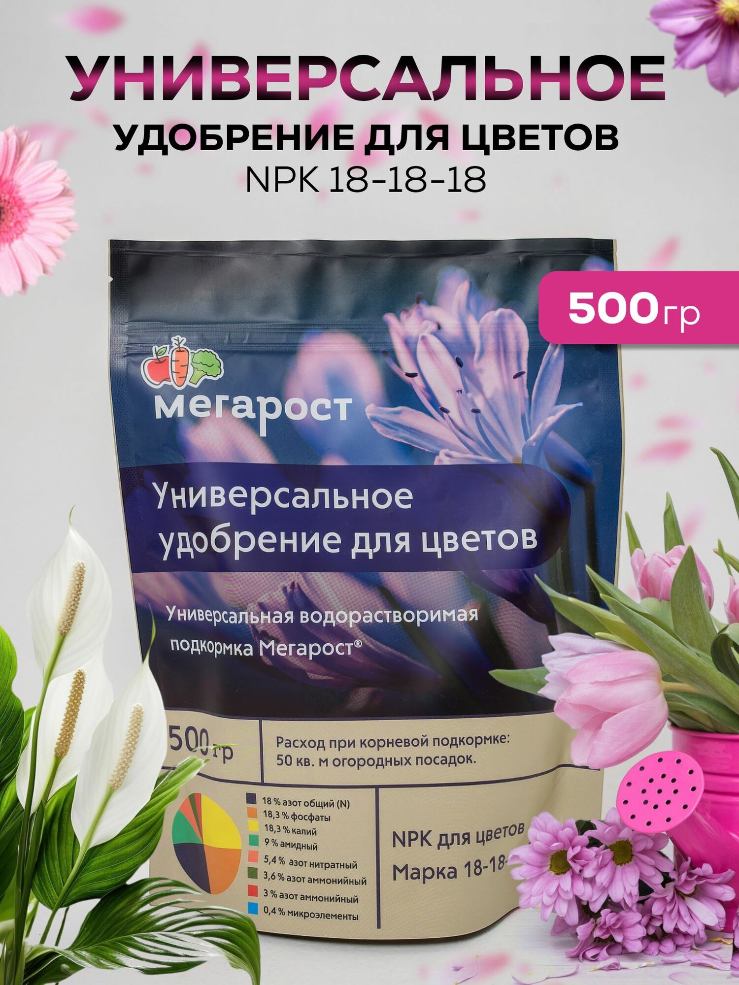 Удобрение универсальное для стимуляции роста цветов  npk 18 18 18  500 гр