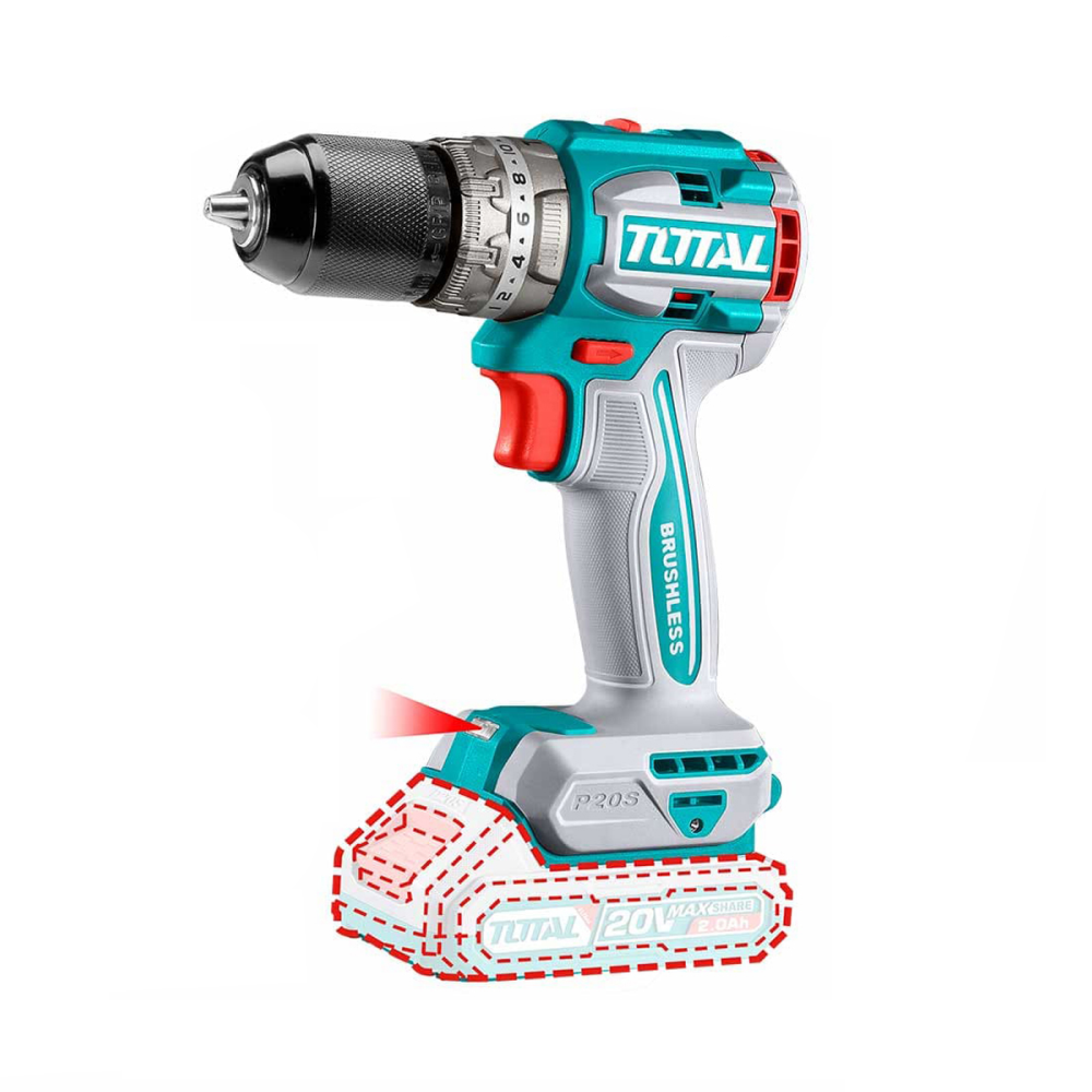 Дрель-шуруповерт ударная TOTAL TIDLI206021, бесщеточный мотор, 2 скорости, 2Ач — фото 1