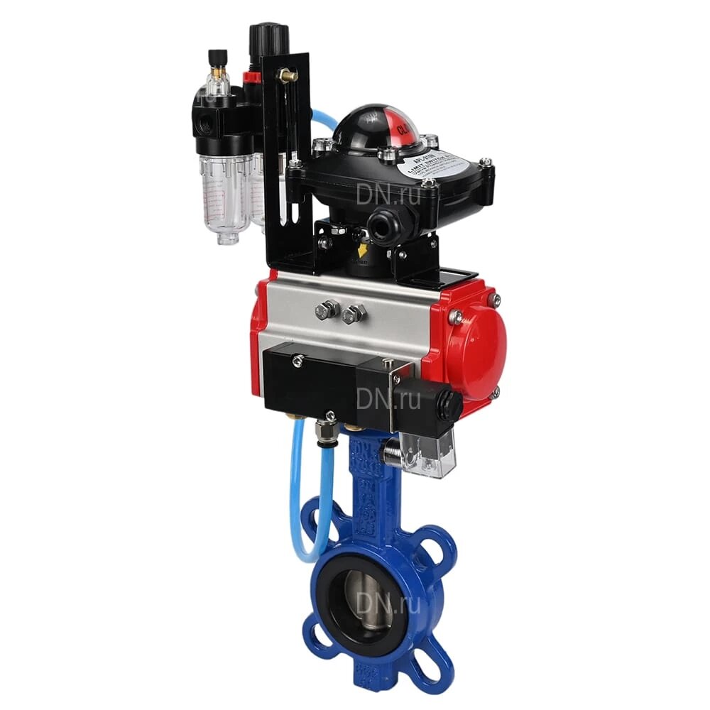 Затвор дисковый поворотный DN.ru GGG50-GGG40-EPDM Ду200 Ру16, корпус чугун GGG50, диск чугун GGG40, уплотнение EPDM, с пневмоприводом DA-130 двойного действия, с пневмораспределителем PND1-S2EM-52-2-T10-220VAC, с БКВ LSB-210, с БПВ APU1-10-40-V08