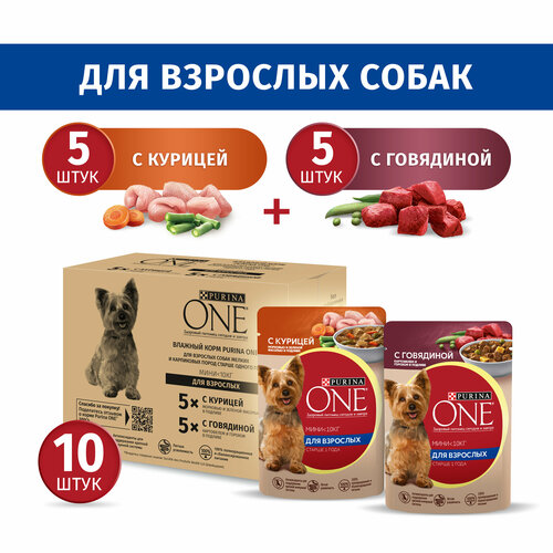 Влажный корм Purina ONE для собак мелких пород, в подливе, с курицей 5 x 85 г, с говядиной 5 x 85 г purina one dog мини здоровый вес сухой корм пурина уан для собак мелких пород весом от 1 до 10 кг индейка рис 1 5 кг