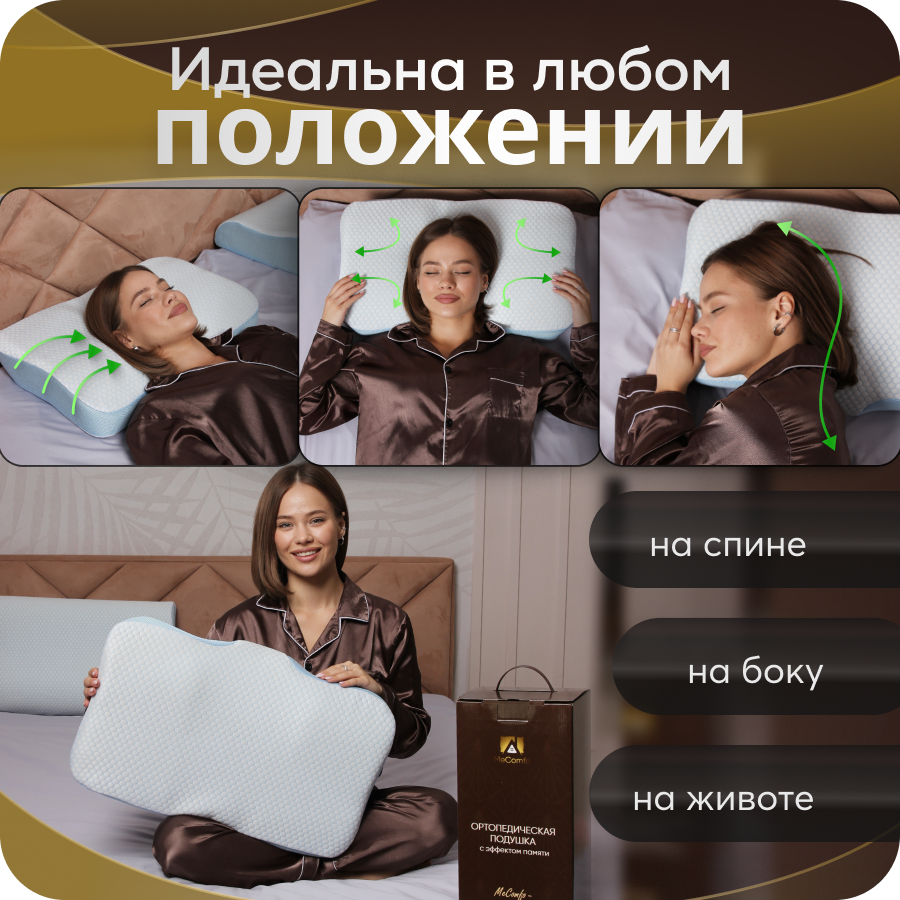 Подушка ортопедическая анатомическая для сна Memory Foam с эффектом памяти средней жесткости 60х40 валики 11 и 8 см - фотография № 5