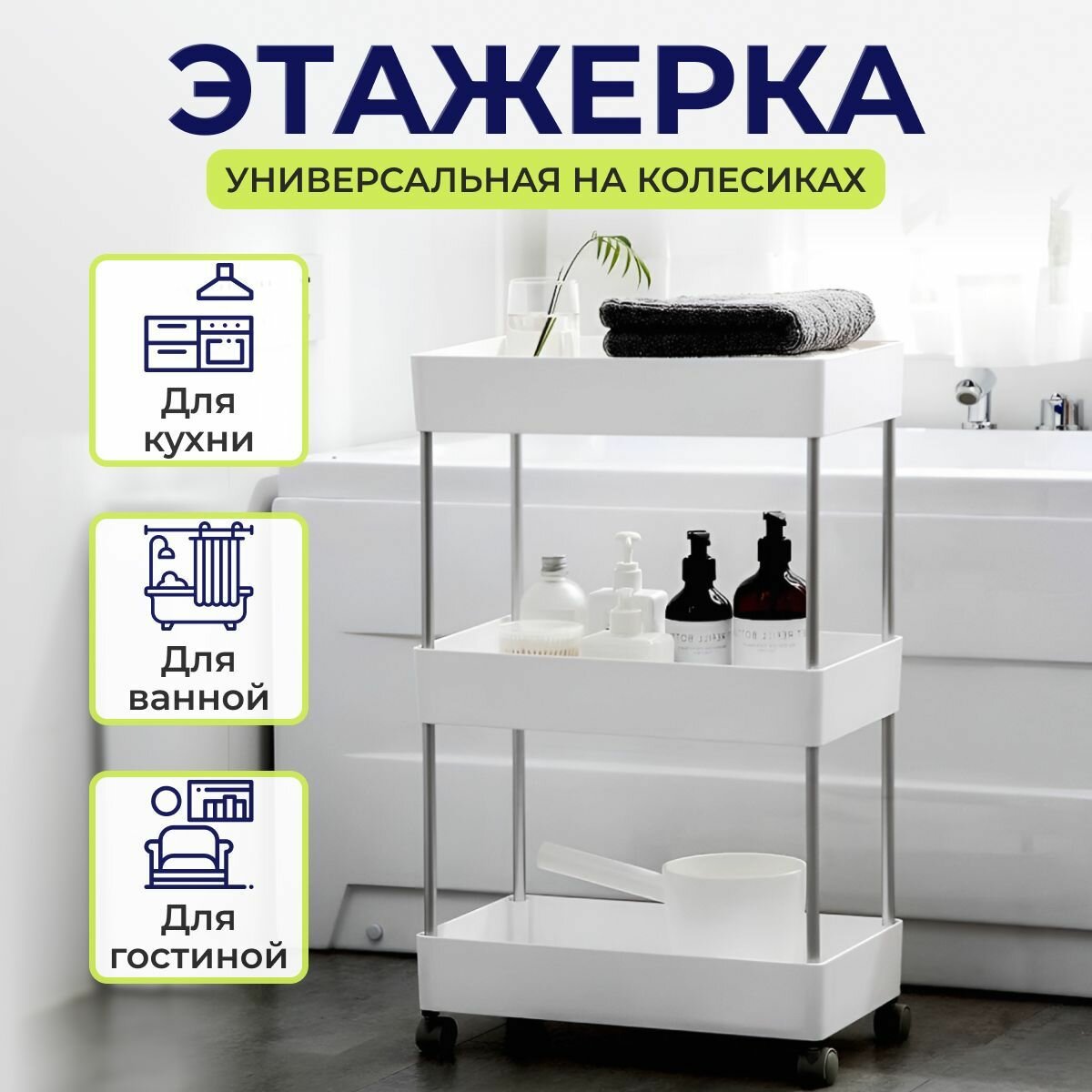 фото Этажерка на колесиках, Этажерка для ванной, кухни, 40x22x87 см, пластик/металл