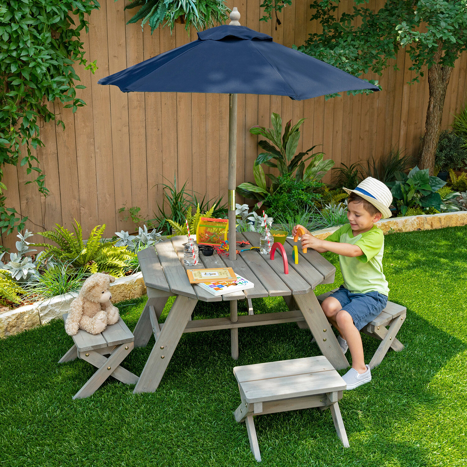 Детская садовая мебель (4 скамьи, стол-пикник, зонт), серо-синий 20176_KE