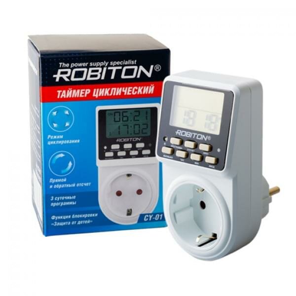 Таймер для розетки ROBITON CY-01 18102, электронный, циклический режим, 3 программы, обратный/прямой отсчет, защита от детей