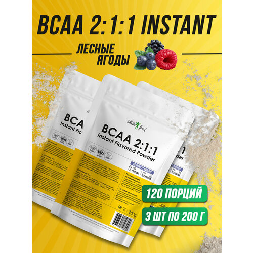 Незаменимые аминокислоты БЦАА для восстановления, рост мышц Atletic Food BCAA 2:1:1 Instant Flavored Powder (лесные ягоды) - 600 г (3х200 г)