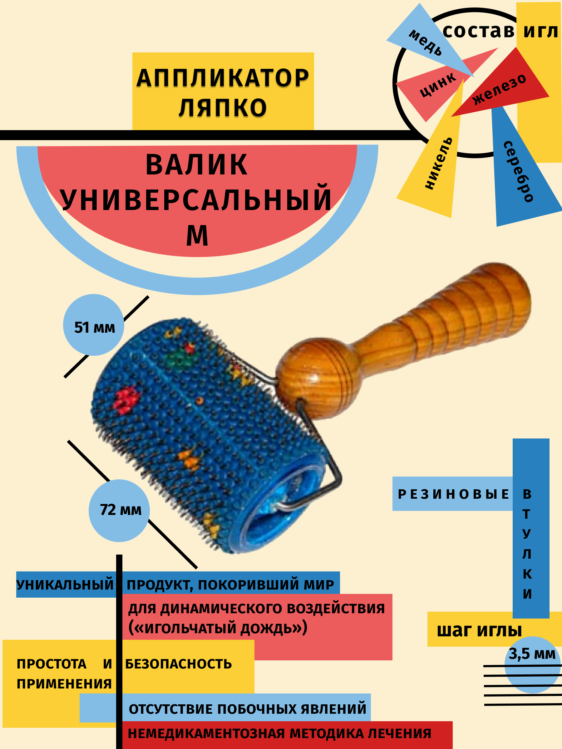 Аппликатор Ляпко Валик универсальный шаг игл 3,5 мм цвет: синий (диаметр-51 мм, ширина-72 мм)