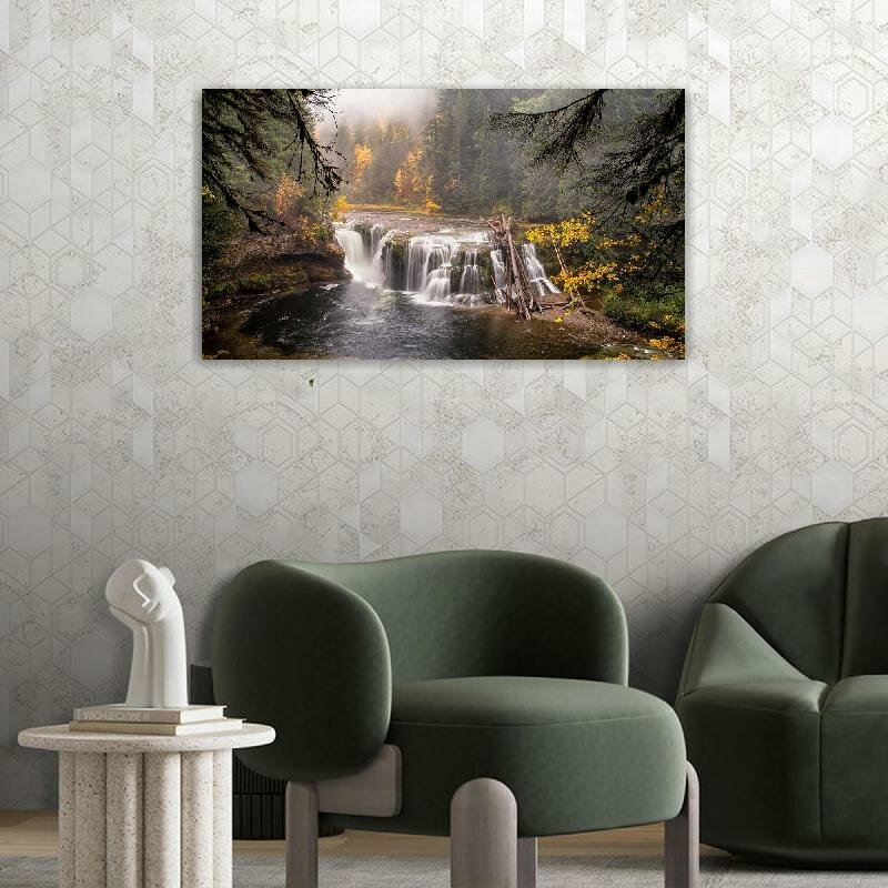 Картина на холсте 60x110 LinxOne "Река лес водопад пейзаж природа" интерьерная для дома / на стену / на кухню / с подрамником