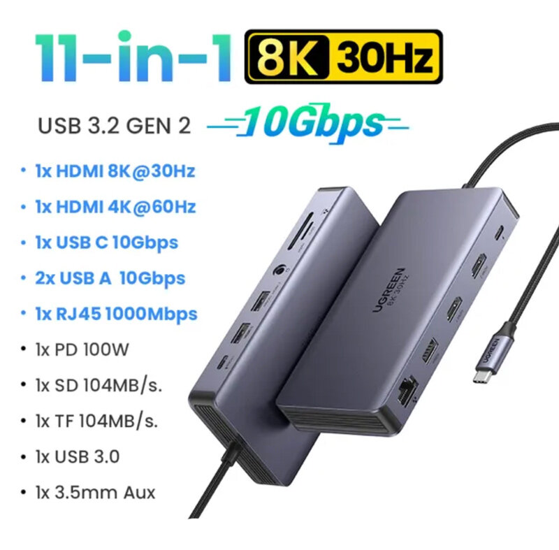 Разветвитель UGREEN 15965_ 11-in-1 USB-C, Hub Dual HDMI, серый - фото №4