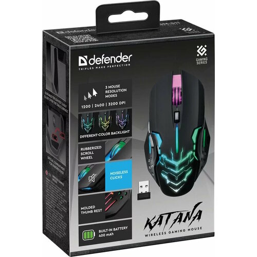 Мышь DEFENDER игровая беспроводная Katana GM-511 черн,6кн,3200dpi, LED,400мАч бесшумн(52511)