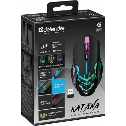 Мышь DEFENDER игровая беспроводная Katana GM-511 черн6кн3200dpi LED400мАч бесшумн52511 148000₽