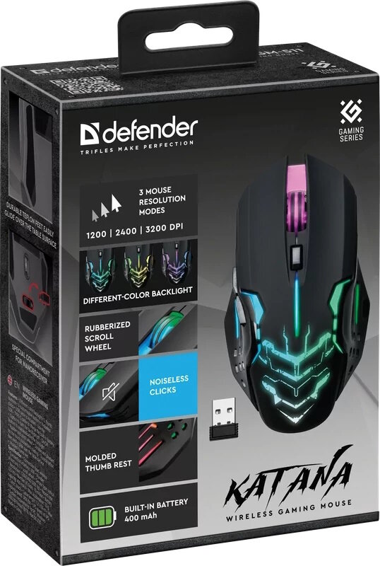 Мышь DEFENDER игровая беспроводная Katana GM-511 черн6кн3200dpi LED400мАч бесшумн(52511)