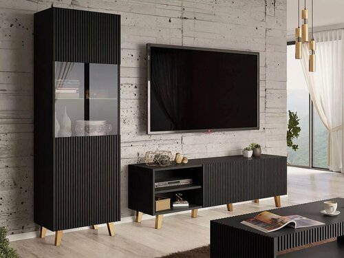 Изображение товара Стенка МебельЛэнд24 Крит - 2 Черный 210x40x182 с тумбой с витриной