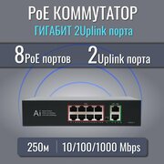 Коммутатор (свитч) PoE 8 портов +2 LAN Гигабит для IP видеонаблюдения