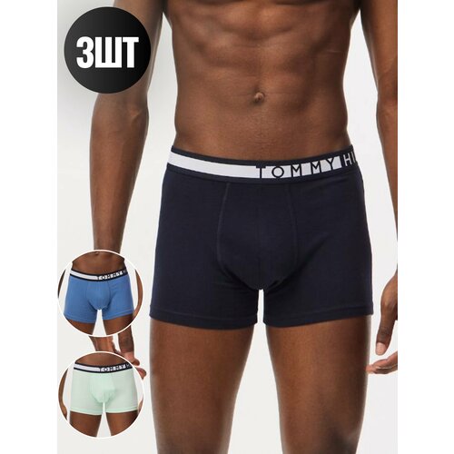 фото Трусы tommy hilfiger, 3 шт., размер m, черный, белый, голубой, синий, зеленый