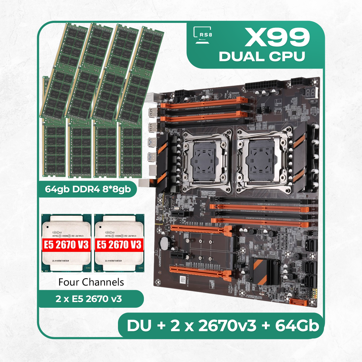 Комплект материнской платы X99: ZX-DU99D4 + 2 x Xeon E5 2670v3 + DDR4 64Гб 8х8Гб