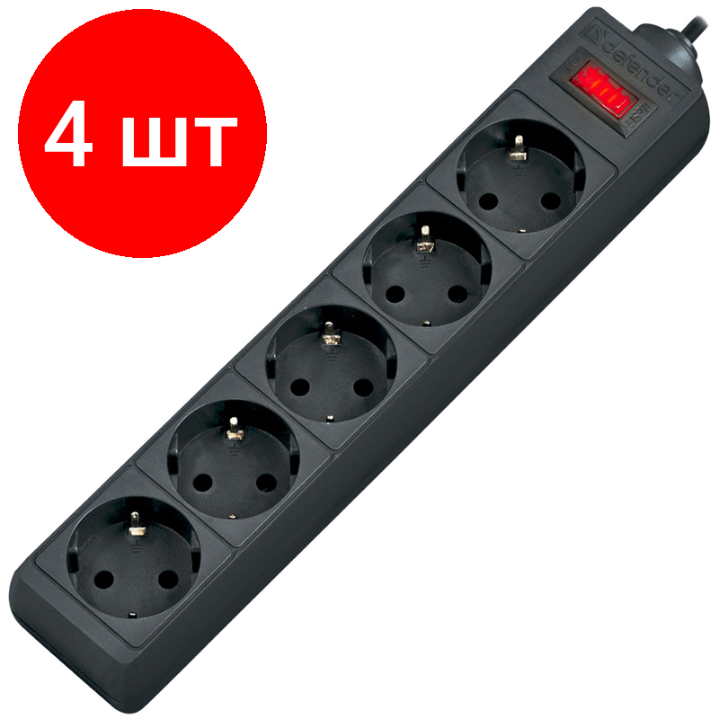 Комплект 4 штук, Сетевой фильтр Defender ES 1.8 1.8 м, черный, 5 розеток(99484)