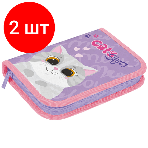 Комплект 2 шт, Пенал 1 отделение, 200*140*40 Berlingo Cute cat, 2 откидные секции, полиэстер пенал 1 отделение 200 140 40 berlingo princess cat 1 2 откидные секции полиэстер