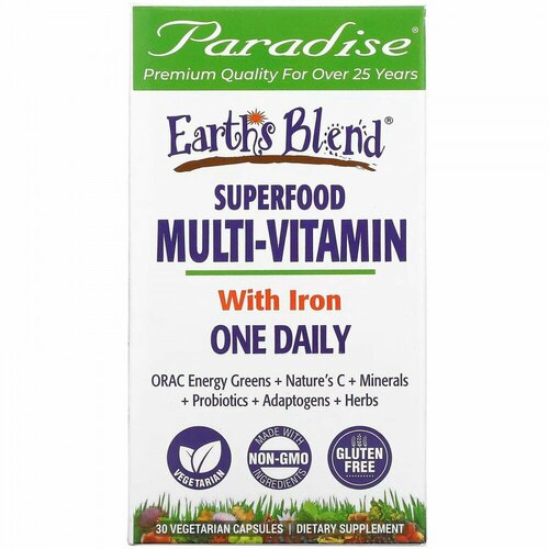 Paradise Herbs, Earth&#x27; s Blend, One Daily Superfood Multi-Vitamin with Iron, 30 Vegetarian Capsules