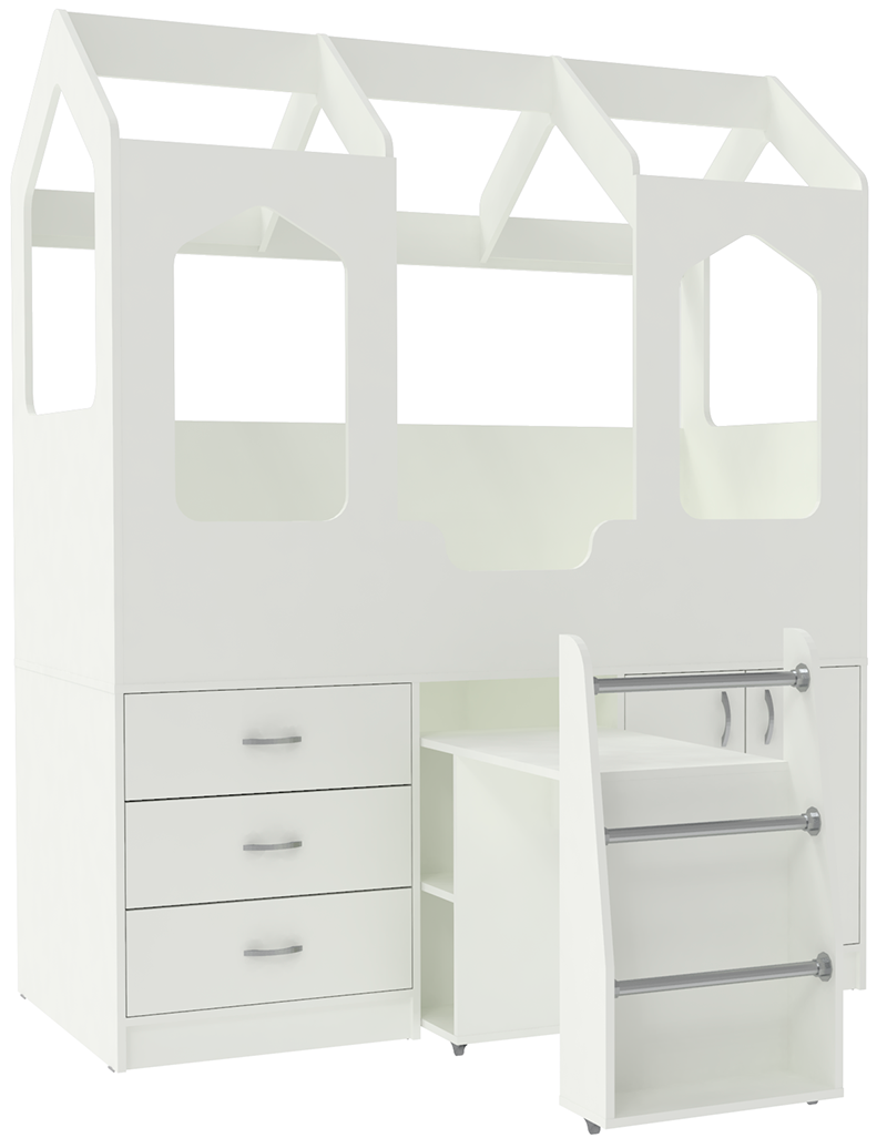 фото Кровать чердак Домик Сказка с выдвижным столом ДС-14 Белый Белый