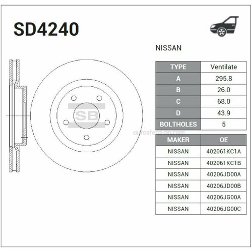 SANGSIN BRAKE SD4240 Диск тормозной Nissan Qashqai 1.6-2.0i/1.5dCi-2.0dCi 07 SD4240