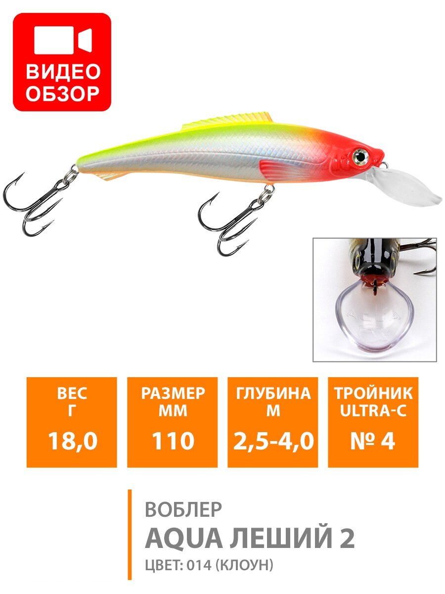 Воблер для рыбалки плавающий AQUA Леший-2 110mm 18g заглубление от 2.5 до 4m цвет 014