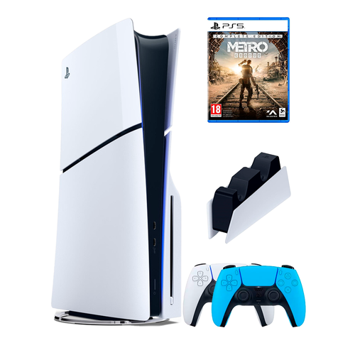 PS5 (ПС5) Игровая приставка Sony PlayStation 5 Slim disc + 2-й геймпад(голубой) + зарядное + игра MetroEx