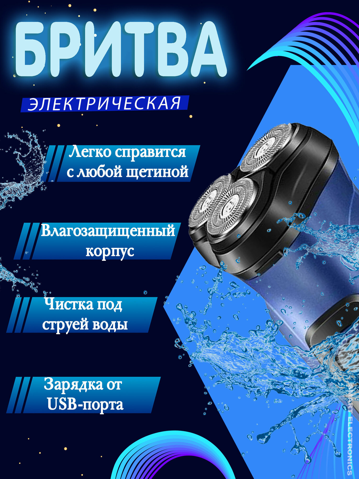 Бритва 3D электрическая бритва, бритва мужская, роторная, триммер для бороды; зарядка от USB-порта; синий - фотография № 2