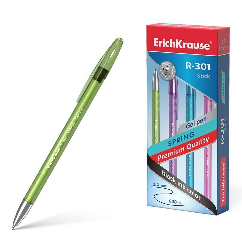 Ручка гелевая ErichKrause R-301 Spring Gel Stick 0.5, цвет чернил черный (12 шт. в упаковке)