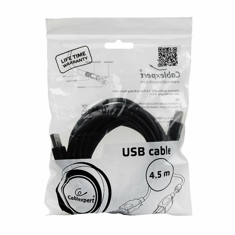 Кабель USB AM/BM Cablexpert CCF-USB2-AMBM-15, 4.5 м, экран, феррит. кольцо