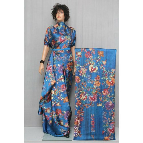 Ткань Атлас-стрейч Jast Cavalli ярко-синего цвета с цветочным орнаментом, ш135см, 0,5 м