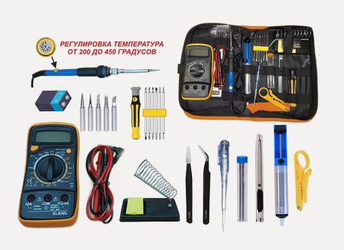 Изображение товара Паяльник с регулировкой, набор для пайки №3-3 , мультиметр 830, подставка, оловоотсос, припой, индикаторная отвертка, припой .