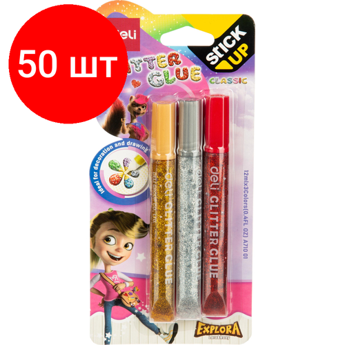 Комплект 50 наб, Глиттер гель Deli EA71001 12мл блистер с блестками 3цв/наб Explora