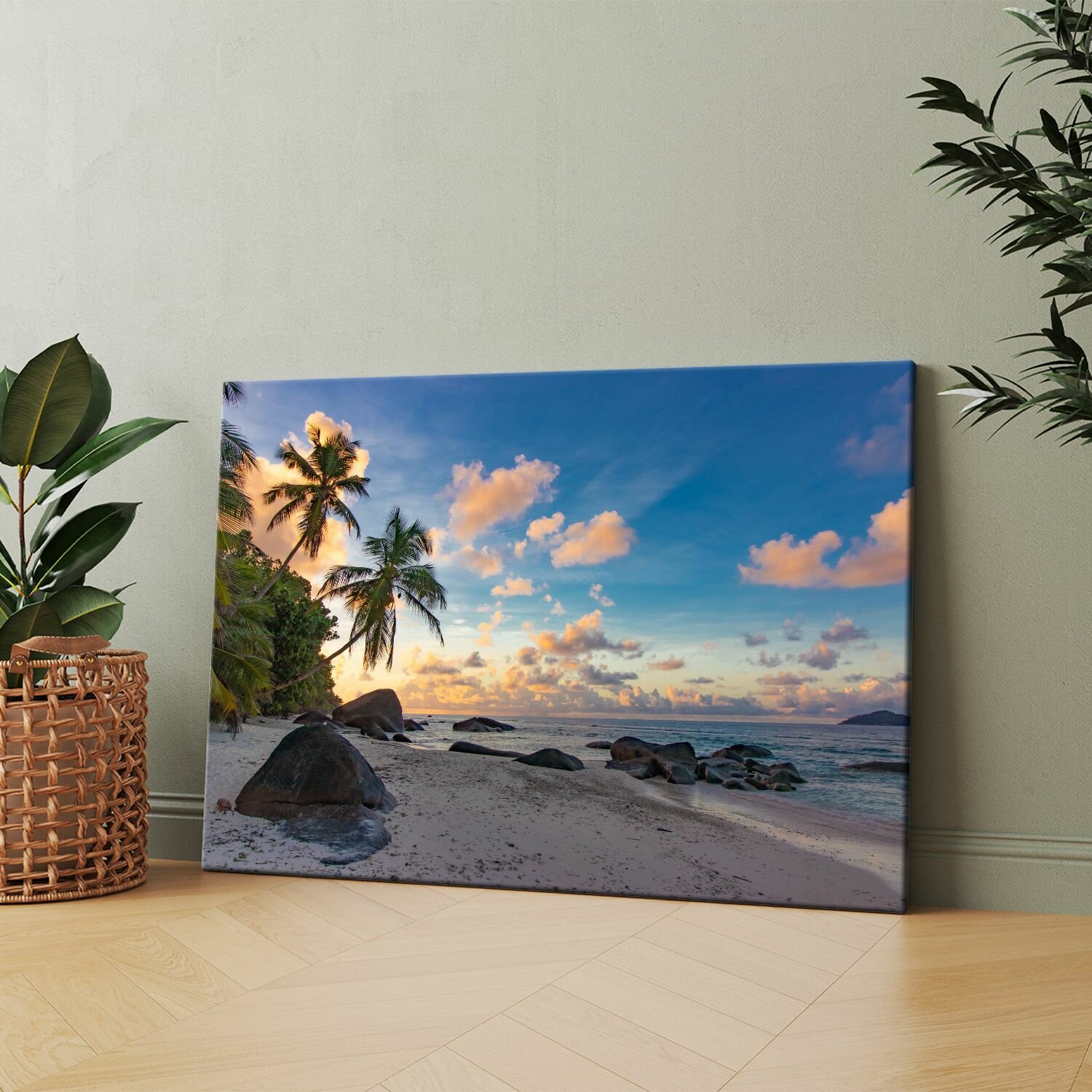 Картина на холсте (Райский пляж пальмы море тропический пляж Сейшелы) 30x40 см. Интерьерная на стену.
