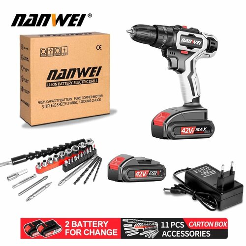Аккумуляторная бесщеточная дрель-шуруповёрт Nanwei 21V 2 аккумулятора Li-Ion 15 Ач 36 НМ 6590₽