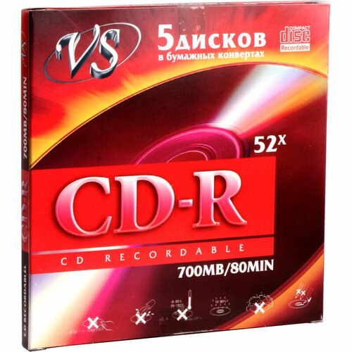 Носители информации CD-R 80 52x, VS, конверт/5шт/уп диск cd r vs 700 mb 52x бум конверт 5 5 250