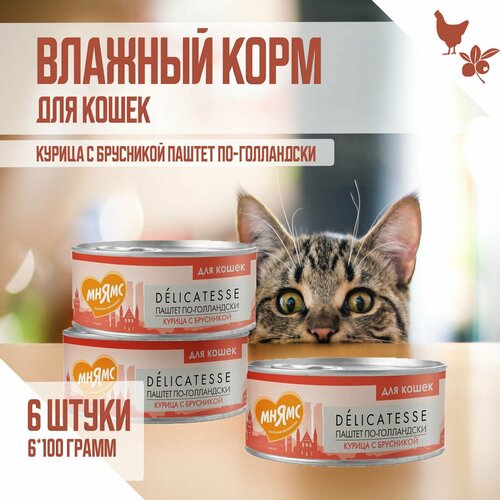 Влажный корм Мнямс для кошек "Паштет по-голландски", Курица с брусникой, 100г х 6 шт