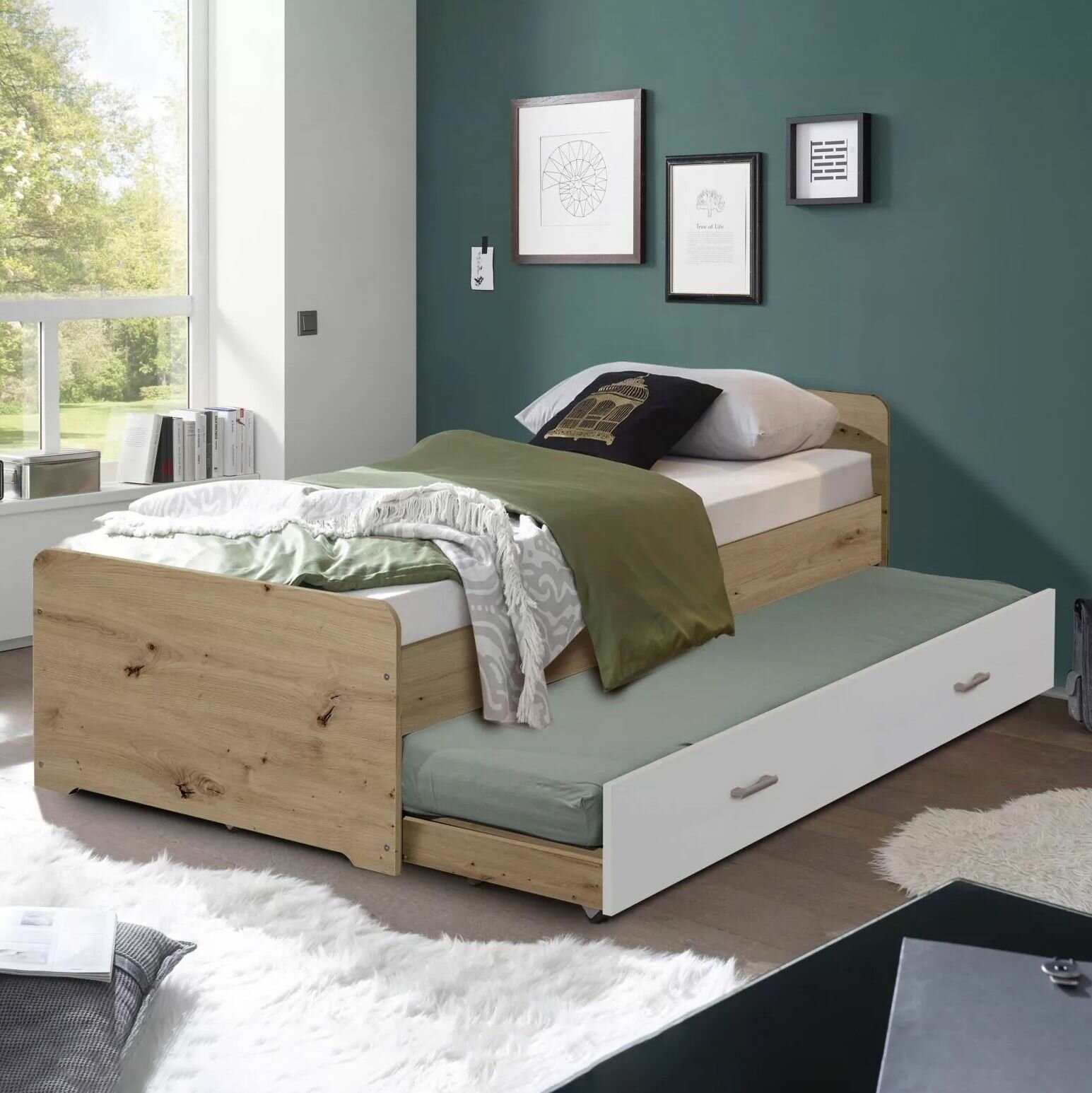 фото Односпальная кровать 90х200 Дупло с выдвижным спальным местом, дуб артизан/белый