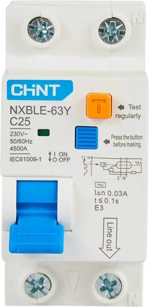 CHINT Диф. автомат NXBLE-63Y 1P+N 25А 30mA электронный тип AС, х-ка С, 4.5kA 105544