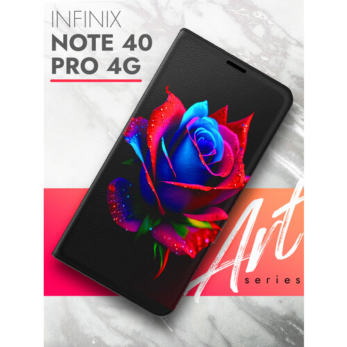 Чехол на Infinix Note 40 Pro 4G (Инфиникс Ноте 40 Про 4г) черный книжка эко-кожа отделение для карт магнит Book case, Brozo (принт) Неоновая роза чехол на infinix note 40 pro 4g инфиникс ноте 40 про 4г черный книжка эко кожа отделение для карт магнит book case brozo принт медведь шапка