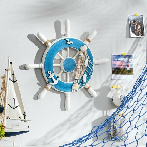 Декор интерьерный Штурвал на стену бело-синий 32 х 32 х 2 см 1267₽