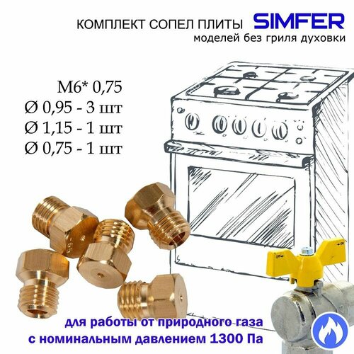 Комплект жиклеров, форсунок газовой плиты Simfer под природный газ